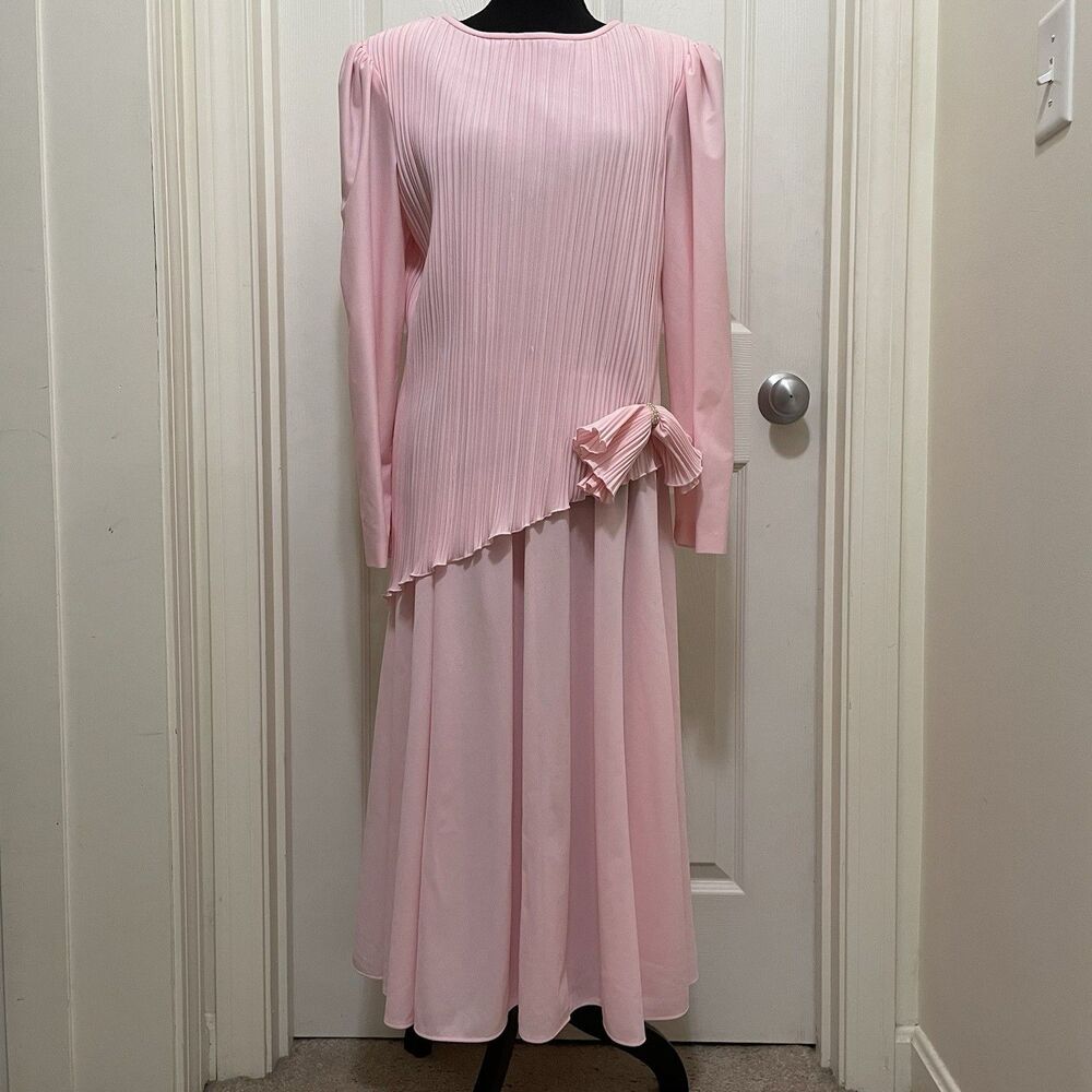 Vintage 80s Boston Maid‎ Pink Pleated Dress Bow Size 16 Cottagecore Bridgerton